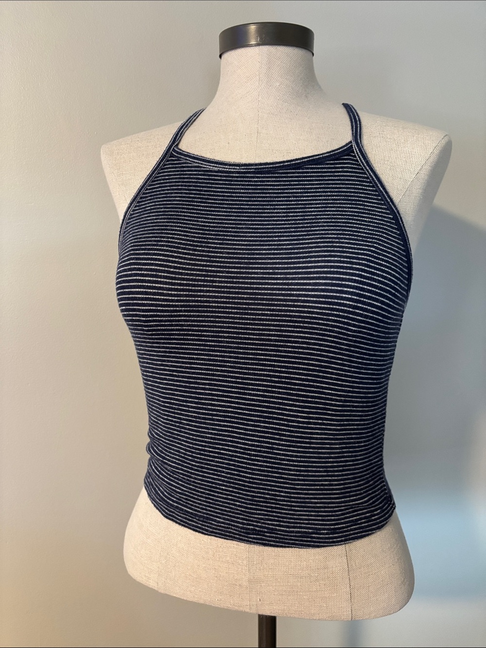 Brandy Melville Navy and White Striped Halter Crop Top
